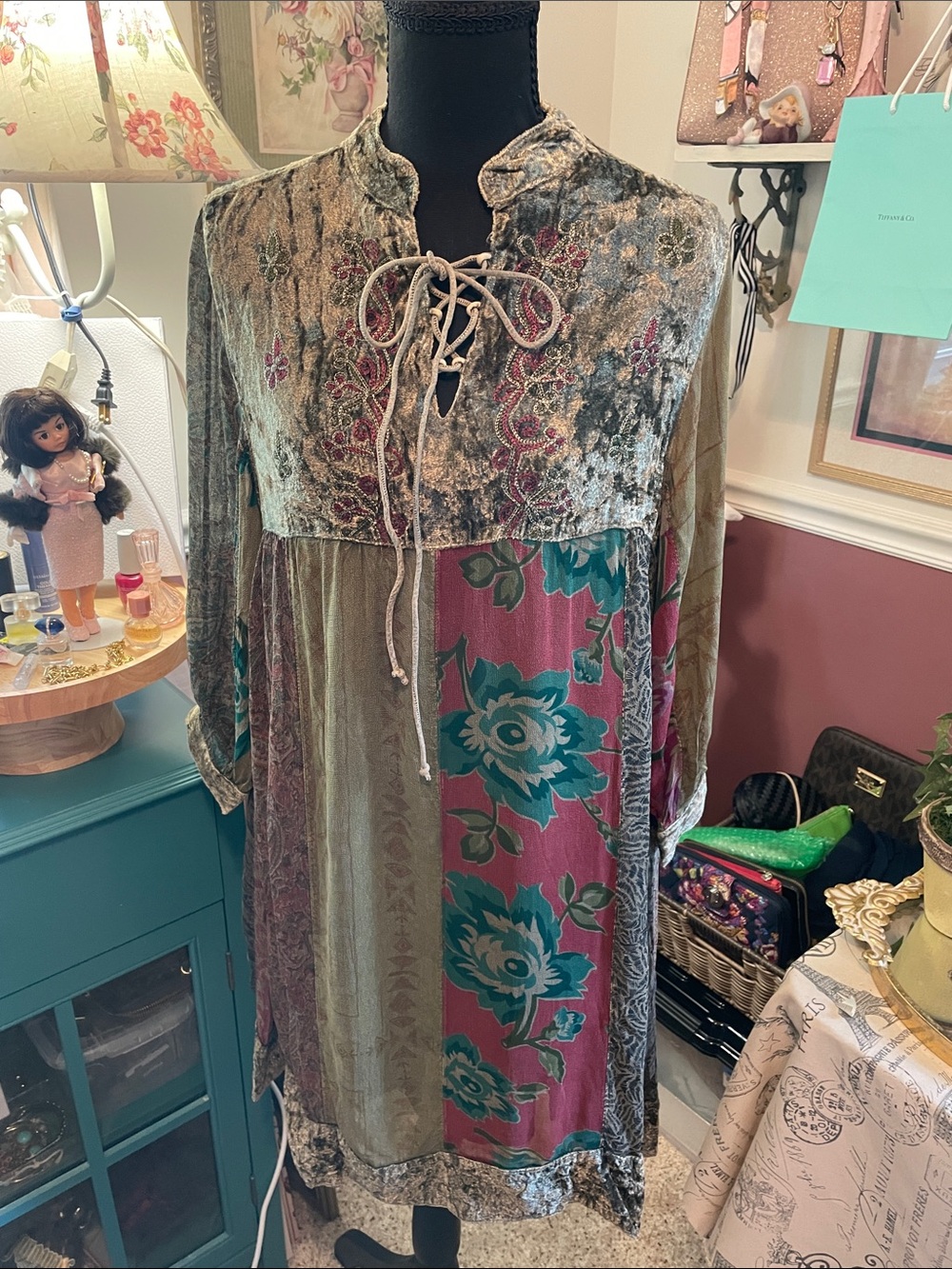 Bohemian Lace-Up Velvet Patchwork Maxi Dress in Olive and Teal